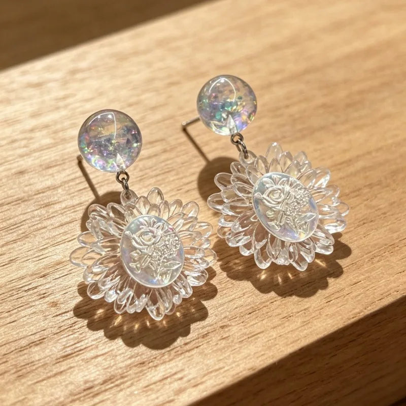 Transparent Flowers Women Earrings Sweet Light Luxury Fashion Jewelry Elegant Vintage Palace Style Pendientes Mujer