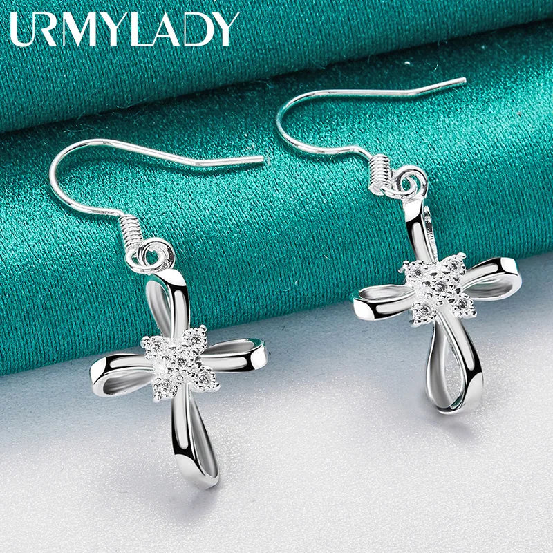 URMYLADY 925 Sterling Silver Bowknot Zircon Earrings For Women Wedding Party Charm Jewelry