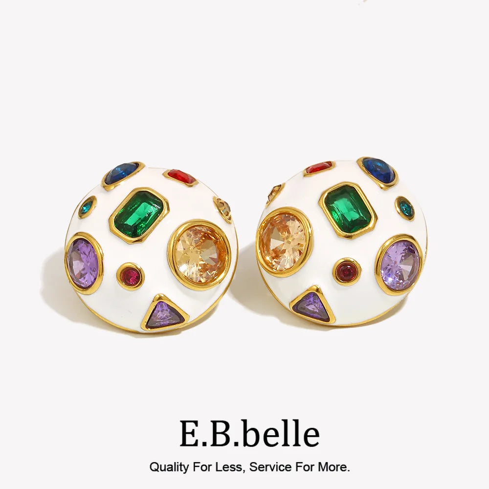 E.B.belle White Enamel Geometric Colored Zirconium Spherical Earrings 18K Gold Plated Gift 316L Stainless Steel Women's Earrings