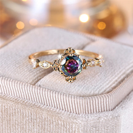 Trendy Rainbow Zircon Round Vintage Gold Color Wedding Bands Engagement Rings For Women Men Minimalist Jewelry