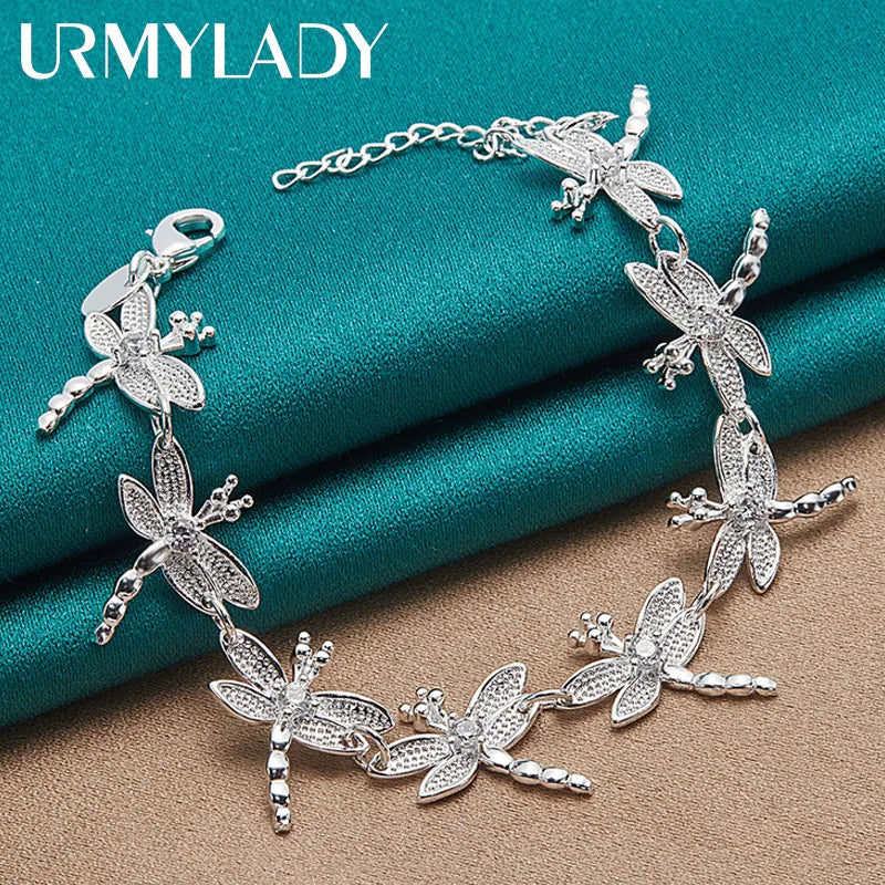 URMYLADY 925 Sterling Silver Dragonfly Necklace Bracelet Earring Ring Jewelry Set For Women Wedding Party Fashion Charm Gift
