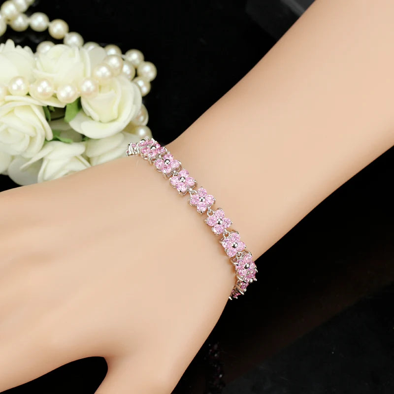 ThreeGraces Trendy Blue Cubic Zirconia White Gold Color Flower Shape Fashion Party CZ Tennis Bracelet for Women Jewelry BR353