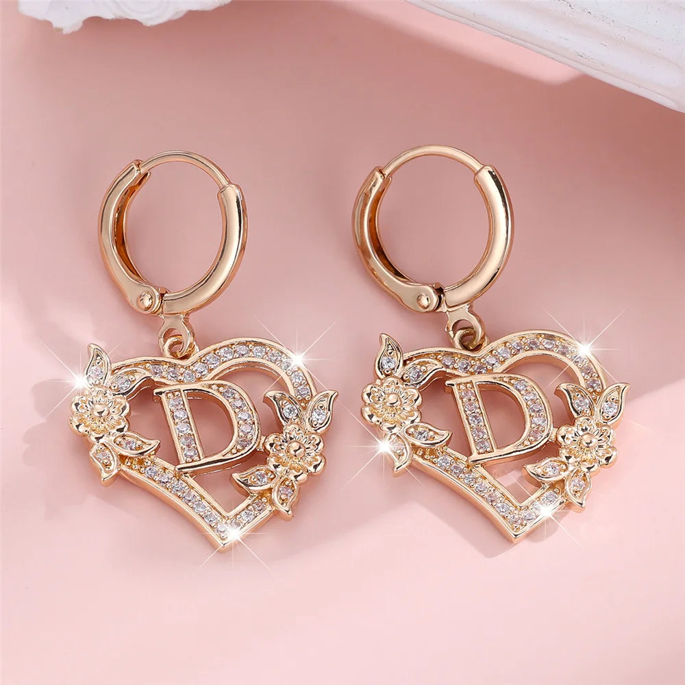 Female A-Z 26 Letter Heart Flower Hoop Earrings Yellow Gold Color White Zircon Wedding Jewelry For Women