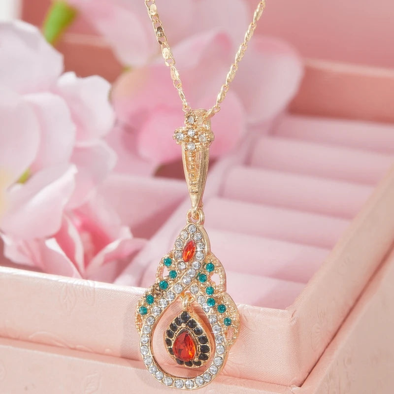 New Trend Crystal Flower Pendant Necklace Women Cubic Zirconia Rose Golden Ethnic Bride Necklace Fashion Vintage Jewelry Gifts