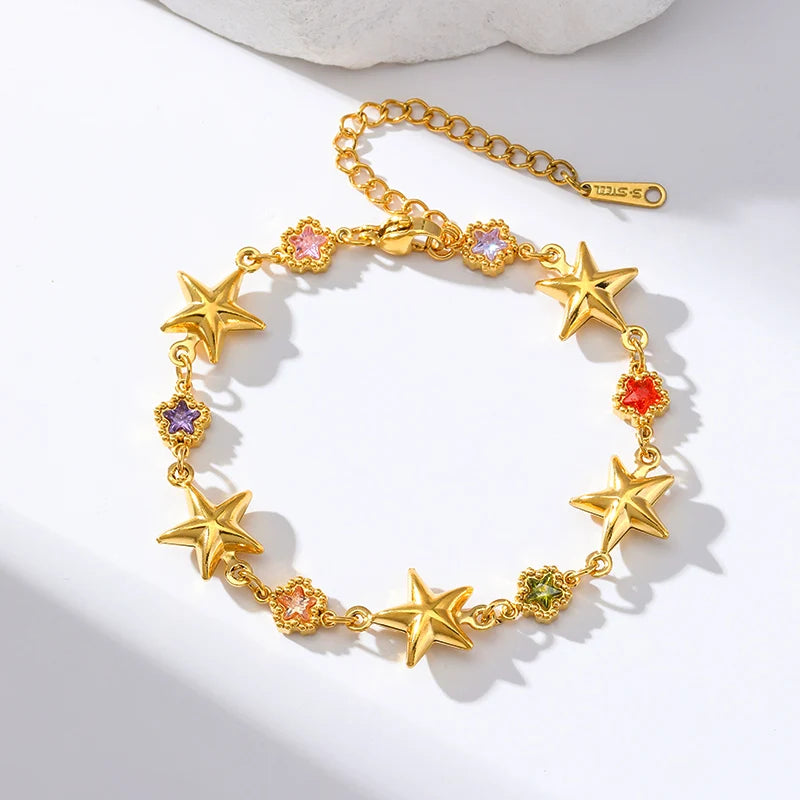 EILIECK 316L Stainless Steel Colorful Star Zircon Charm Bracelet Gold Color Jewelry Trendy Metal Texture Accessories for Women