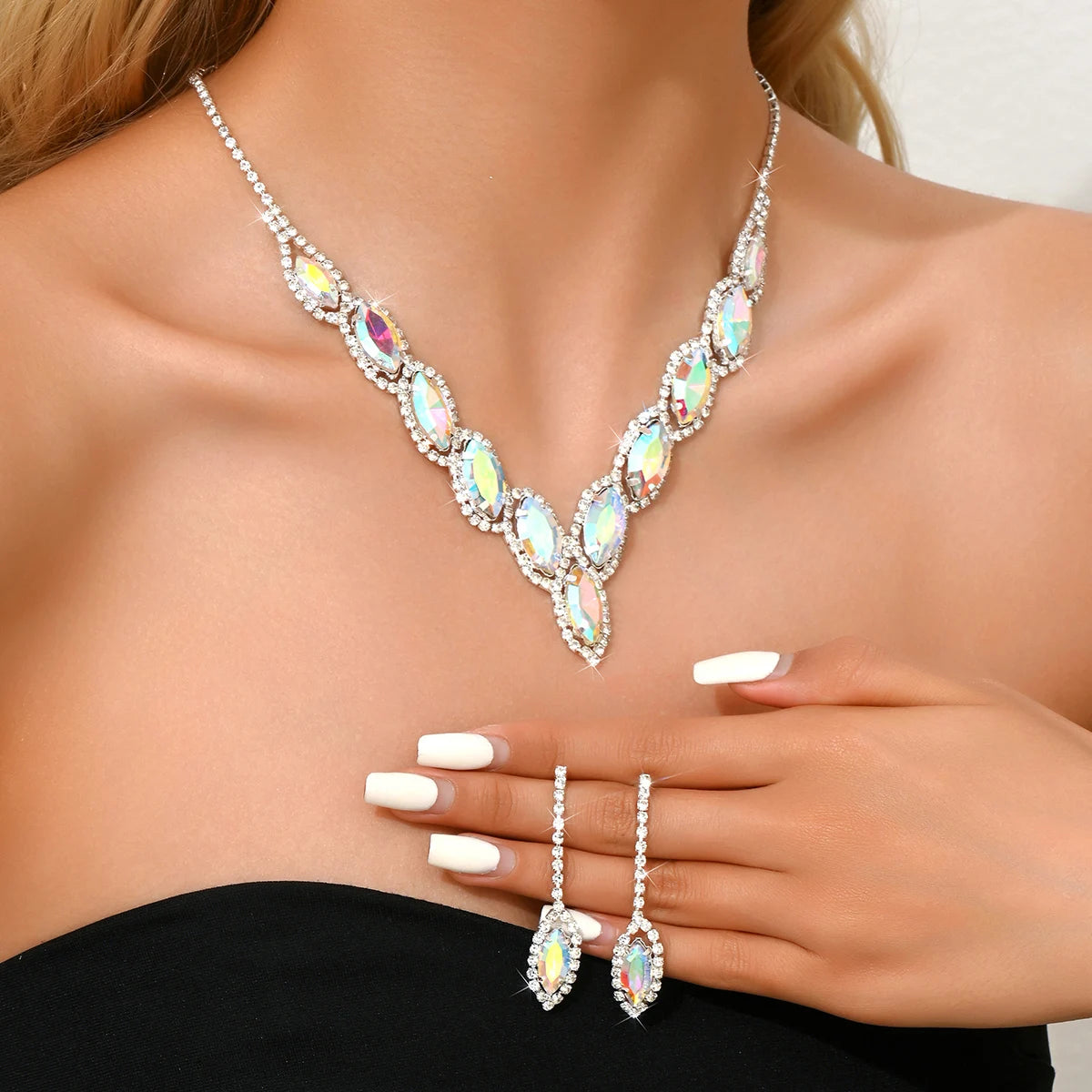 Advanced Versatile Crystal Necklace Earrings Two Piece Set Bridal Wedding Party Vacation Travel Versatile Accessories