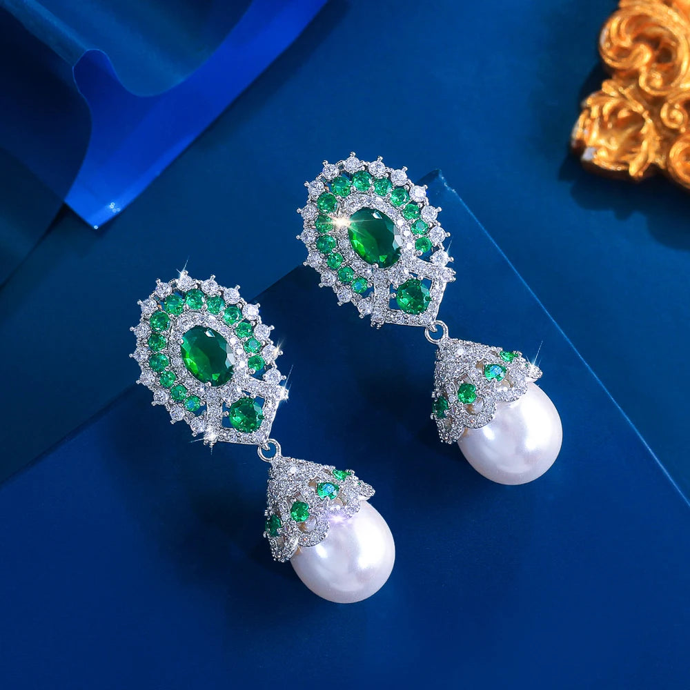 ThreeGraces Luxury Shiny Green White Zirconia Fashion Bridal Wedding Party Big Simulated Pearl Earrings for Women Jewelry E2035