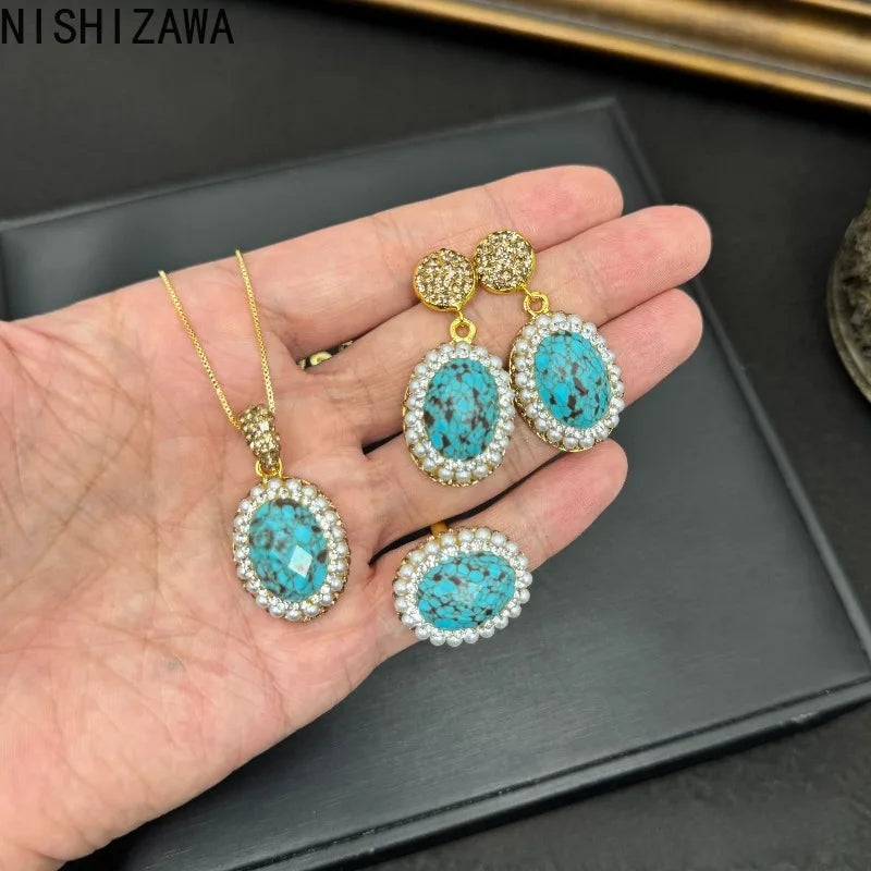 NISHIZAWA Turquoise Pearls Earrings for Women Turkish Style Vintage Jewelry Sets Elegant Geometric Fashion Pendientes Mujer