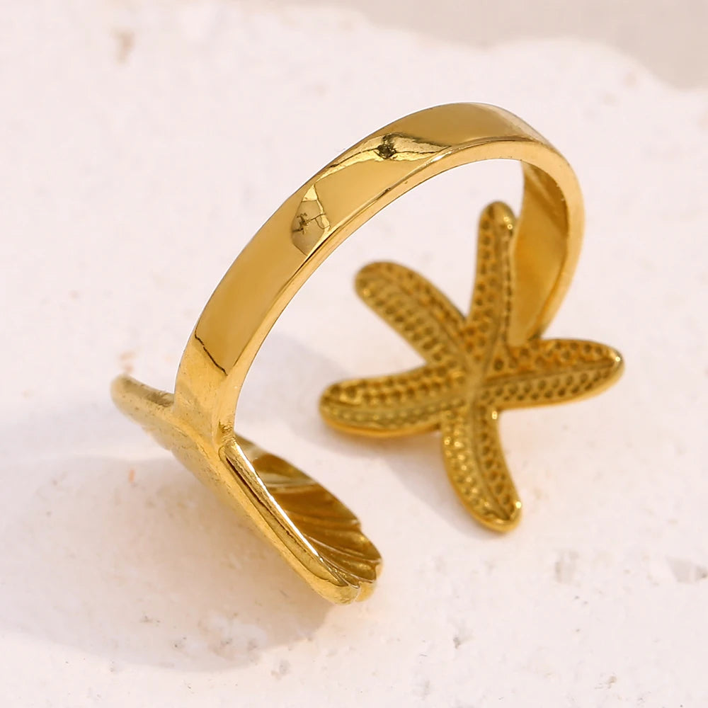 E.B.belle Personality Shell Starfish Opening Rings for Women New Fashion 316L Stainless Steel  PVD Plating Jewelry Decoration