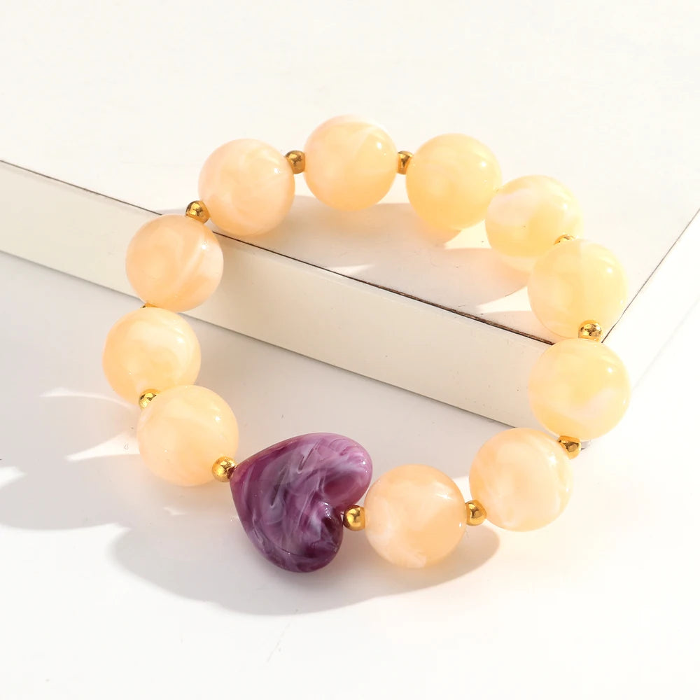 Trendy Acrylic Round Heart Beads Elastic Bangle Bracelets Resin Colorful Geometric Beaded Stretch Bracelet Women Charm Jewelry