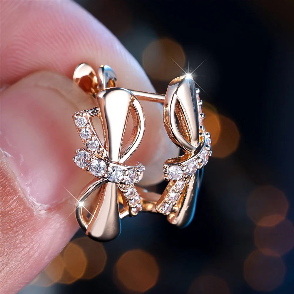 Charm Female White Crystal Zircon Stone Cute Bowknot Hoop Earrings Gold Color Simple Wedding Jewelry For Women