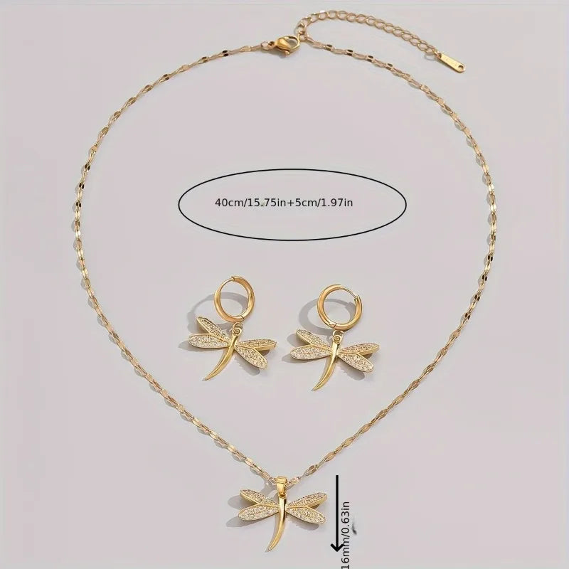 Fashion Gold Color Copper Dragonfly Earrings Necklace Set Zirconia Sparkling Temperament Women Wedding Jewellery Set Accessories