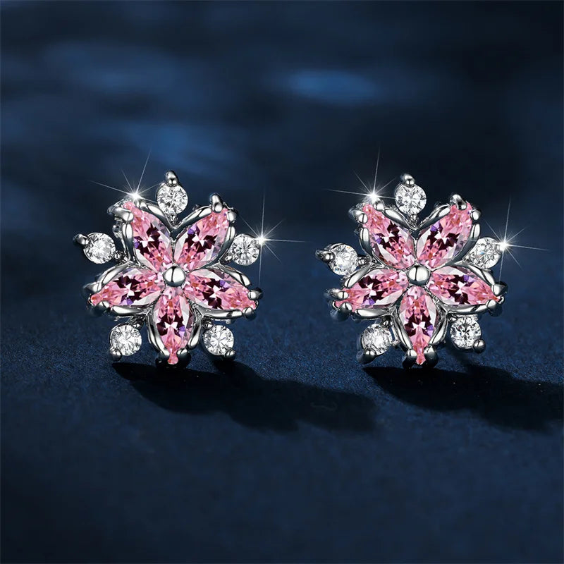 Luxury Female Pink Stone Flower Stud Earrings Silver Color Zircon Wedding Jewelry For Women