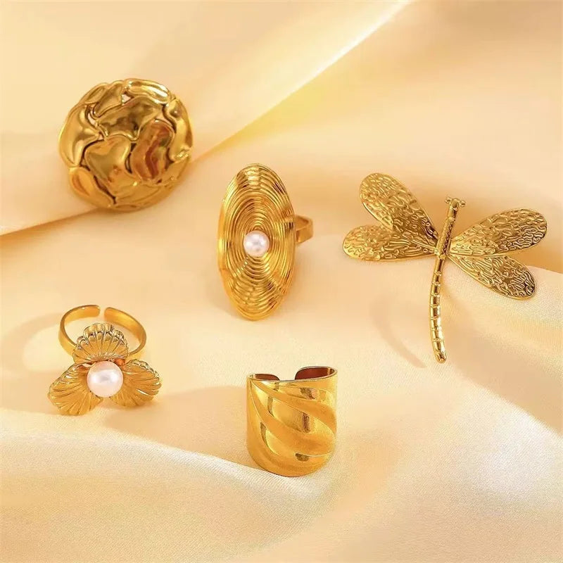 EILIECK  316L Stainless Steel New Design Dragonfly Ring Jewelry Women 18 K Plated Metal Texture Gold Color Ring Accessories