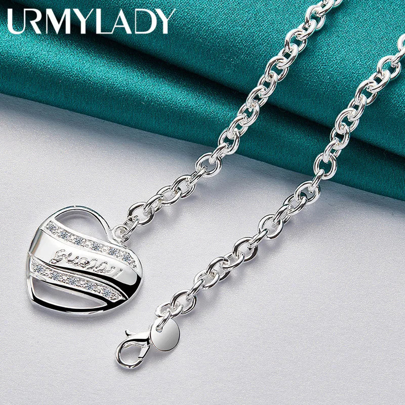 URMYLADY 925 Sterling Silver Love Heart 18 Inch Pendant Necklace For Women Wedding Engagement Fashion Party Jewelry