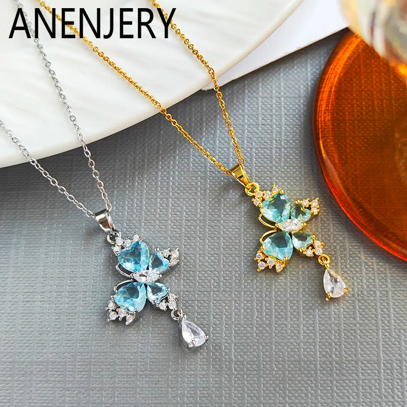 ANENJERY 316L Stainless Steel Blue Zircon Butterfly Necklace For Women Girls Glamorous Delicate Jewelry Gifts Wholesale Party
