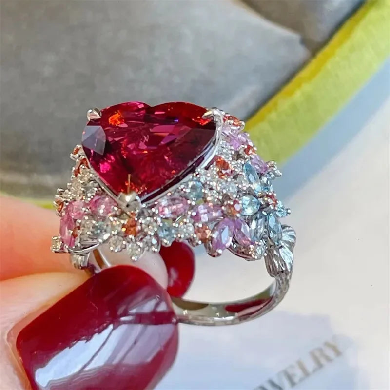 Simple Heart Ruby Ring for Women Female 925 Sterling Silver Open Finger Rings Romantic Gift for Girlfriend Zircon Jewelry