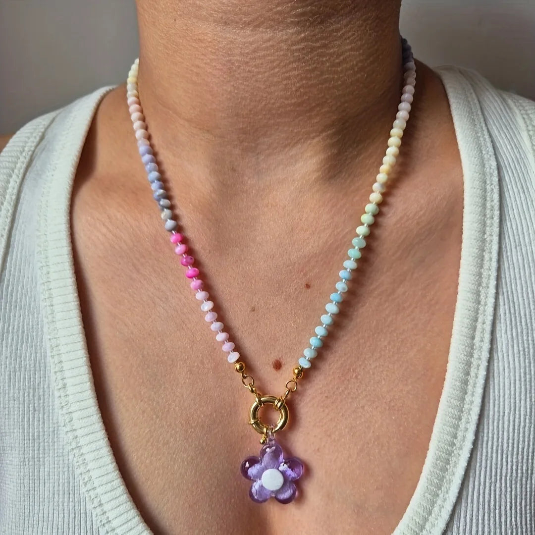 Handmade Colorful Glass Beaded Flower Neckalce Stainless Steel Geometric Natural Stone Pendant Choker Summer Beach Jewelry Gift