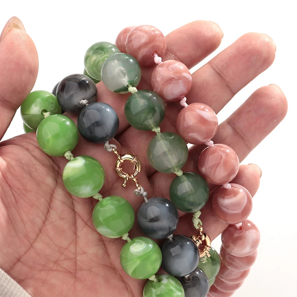 Trendy Multicolor Big Round Beads Choker Necklace for Women Acrylic Geometric Beaded Handmade Knot Necklaces Jewelry Gifts