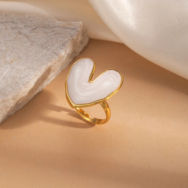 ANENJERY 316L Stainless Steel Geometric Circular Heart Waterdrop Enamel Ring For Women Luxury Temperament Fashion Jewelry Gifts