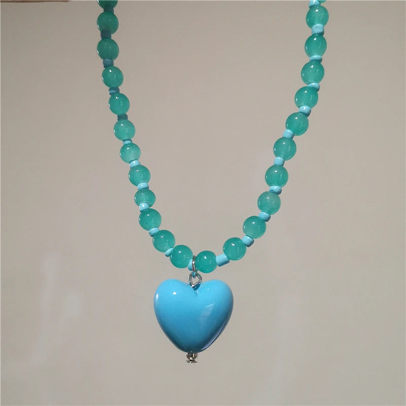 2026 New Color Beaded Chain Resin Heart Pendant Necklace For Women Girls Trendy Clavicle Chain Delicate Jewelry Gift