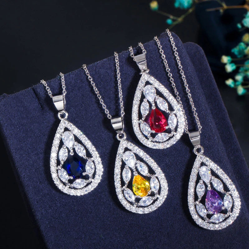 ThreeGraces Shining Red Zirconia Water Drop Shape Earring Necklace Ring Fashion Bridal Party Jewelry Set for Women JS554
