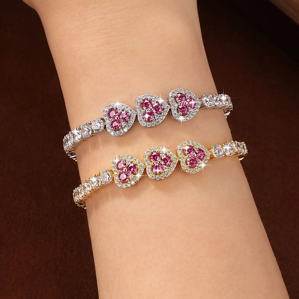OXTAO Heart Moissanite Tennis Chain Bracelet  White Green Pink Lab Imitation Diamond Colorful Jewelry Bracelet 14K Gold Filled