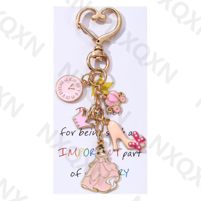 Cute Pink Clock Castle Crown Princess Enamel Keychain Lovely FatTonny Key Ring For Women Girls Good Gift Handmade Jewlery Set