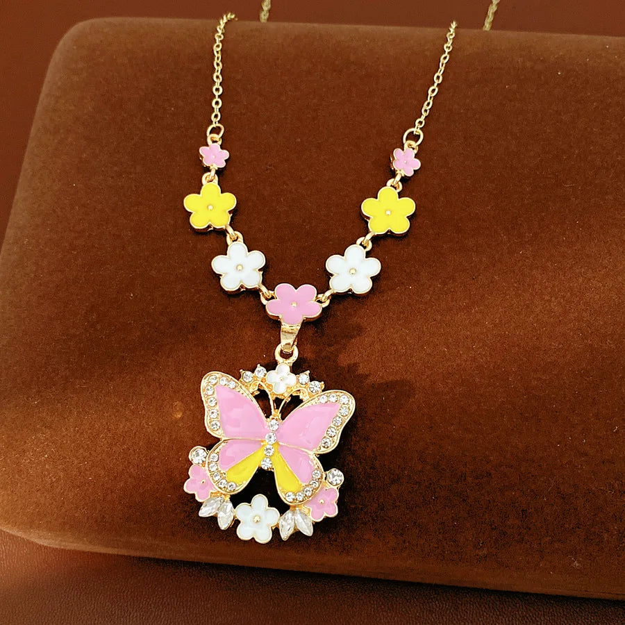 Pink Yellow Butterfly Flower Jewelry Set Sweet Enamel Necklace Drop Earrings Women's Fashion Party Banquet Accessories K