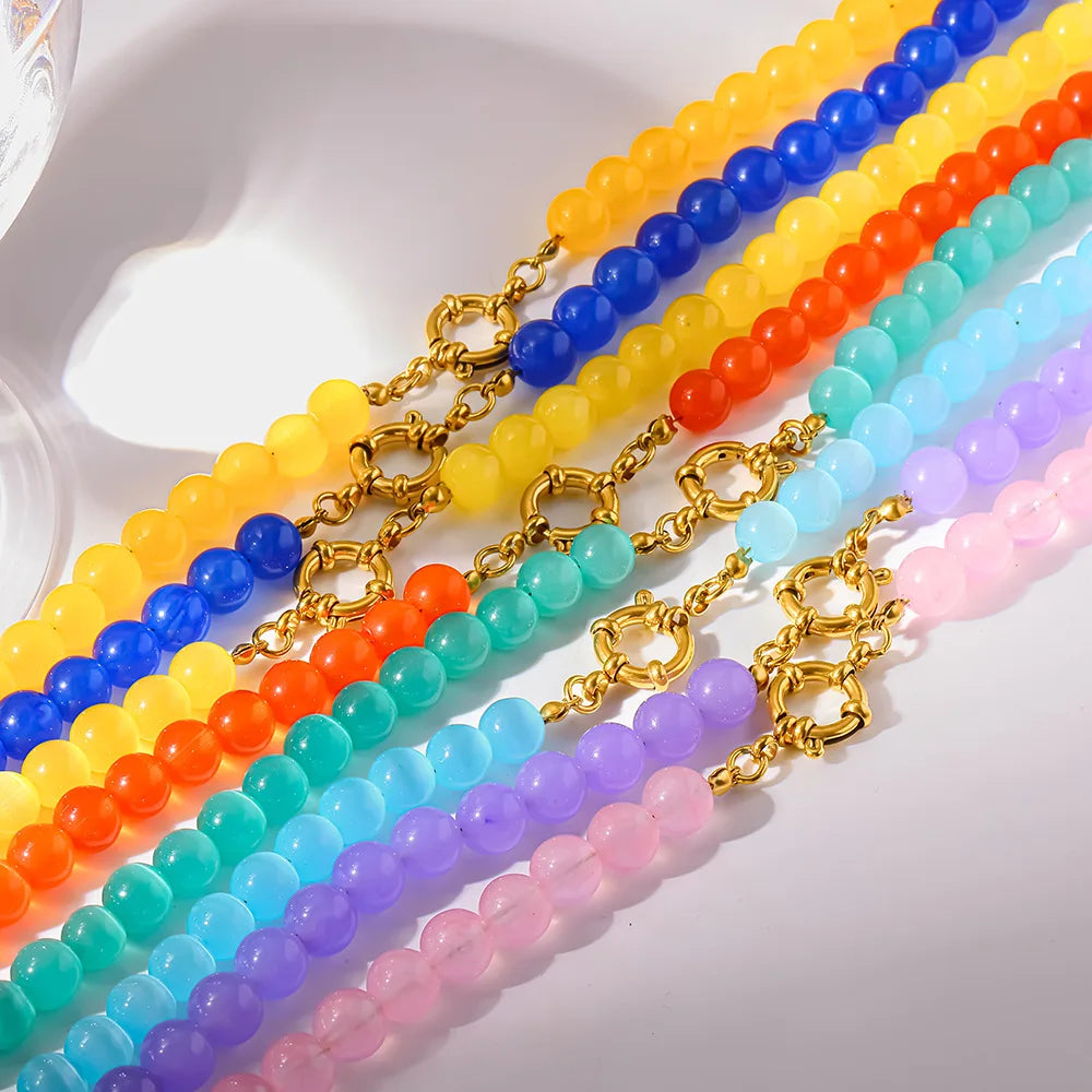 2026 Rainbow Cats Eye Glass Bead Choker Necklace 18K Gold Plated Stainless Steel Summer Bikini Gift for Women Girls