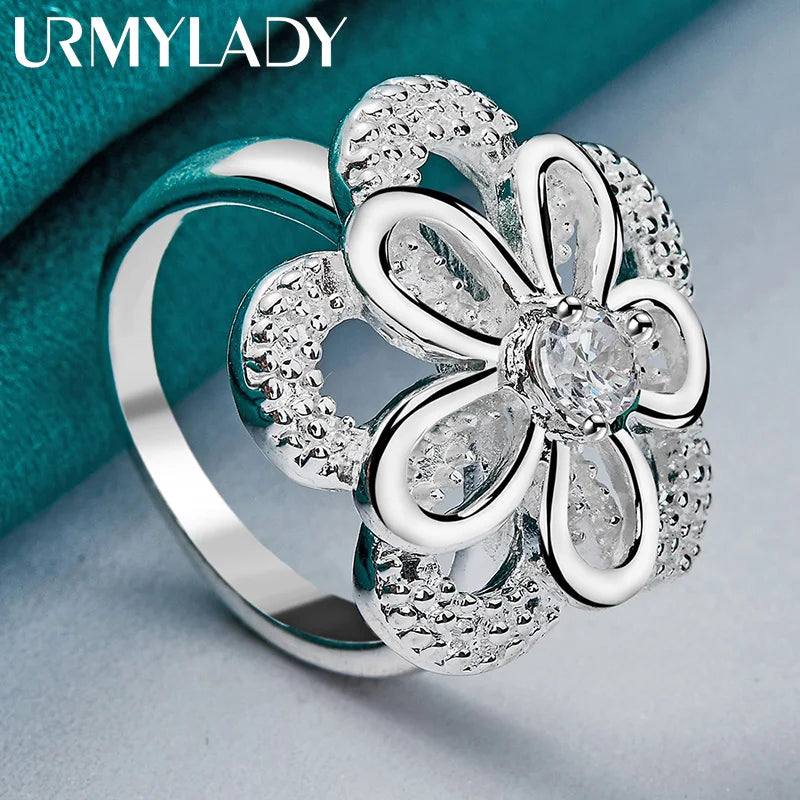 URMYLADY 925 Sterling Silver Double Flower Zircon 7-10# Ring For Women Wedding Engagement Party Fashion Jewelry