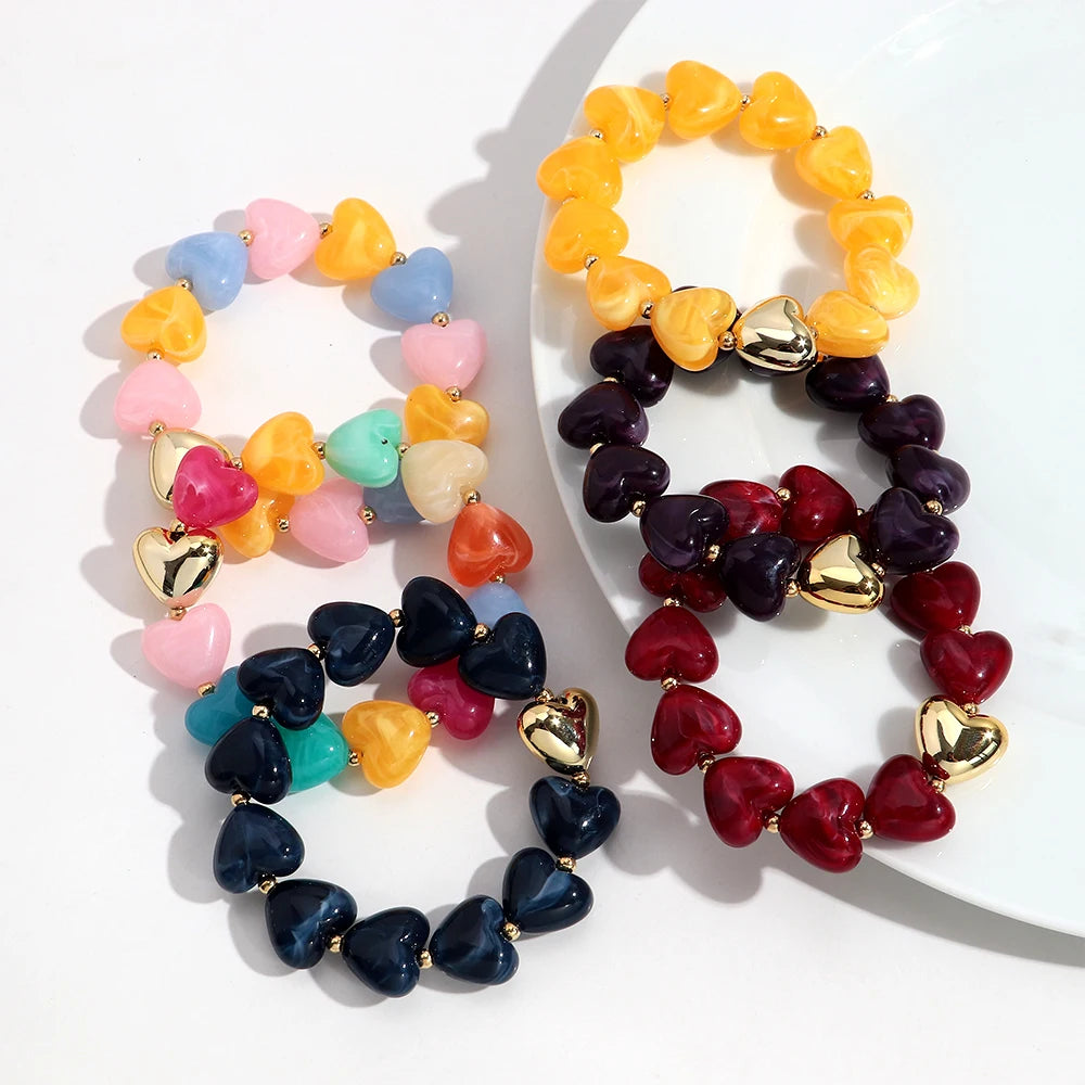 Sweet Resin Love Heart Beads Elastic Bracelets for Women Cute Geometric Heart Shape Stretch Bracelet Party Jewelry Gifts