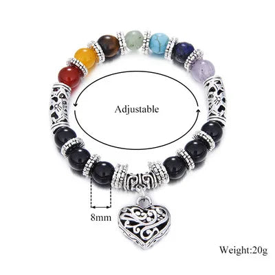 New Women 8mm Bracelets Bangles 7 Chakra Healing Balance Beads Heart Charm Bracelet For Female Reiki Prayer Stones Jewelry