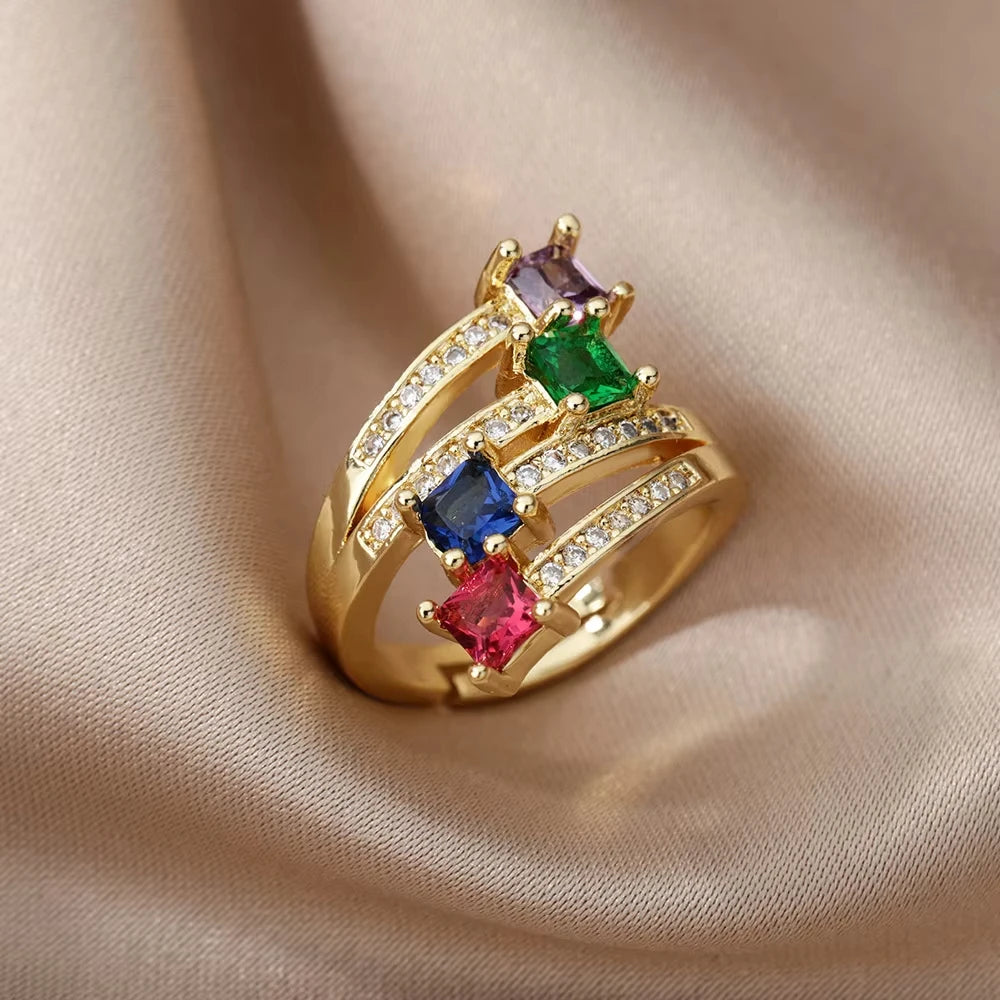Stainless Steel Rings Gold Plated Colorful Stone Zircon Crystal Luxury Flower Ring For Women Wedding Jewelry Christmas Gift New