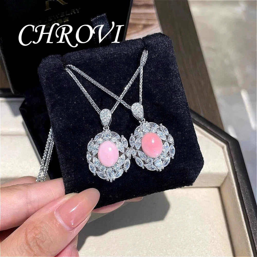 Premium 925 pure silver rouge powder conch shell necklace set, luxury earrings, high-carat diamond ring, women's accessory