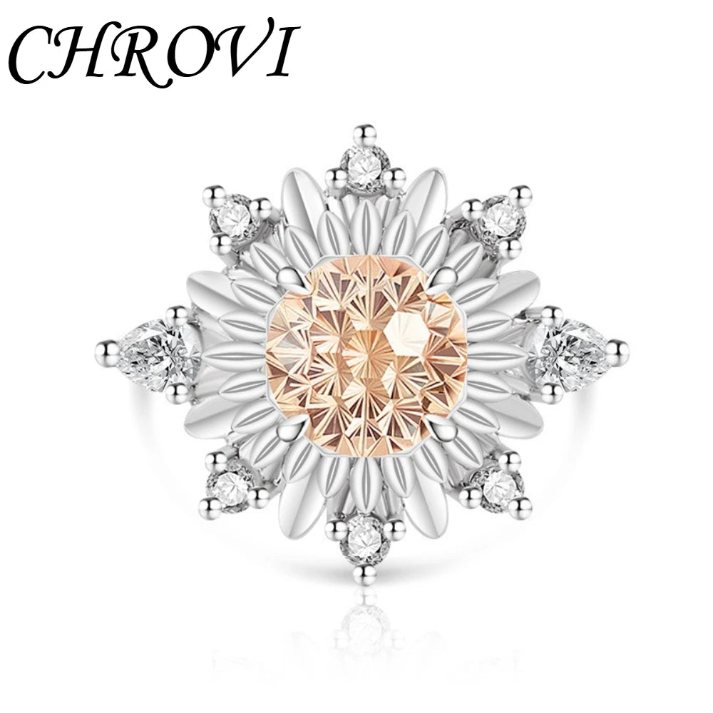 Luxurious 925 sterling silver gemstone flower chrysanthemum ring for women - ultra-shiny sunflower style finger ring