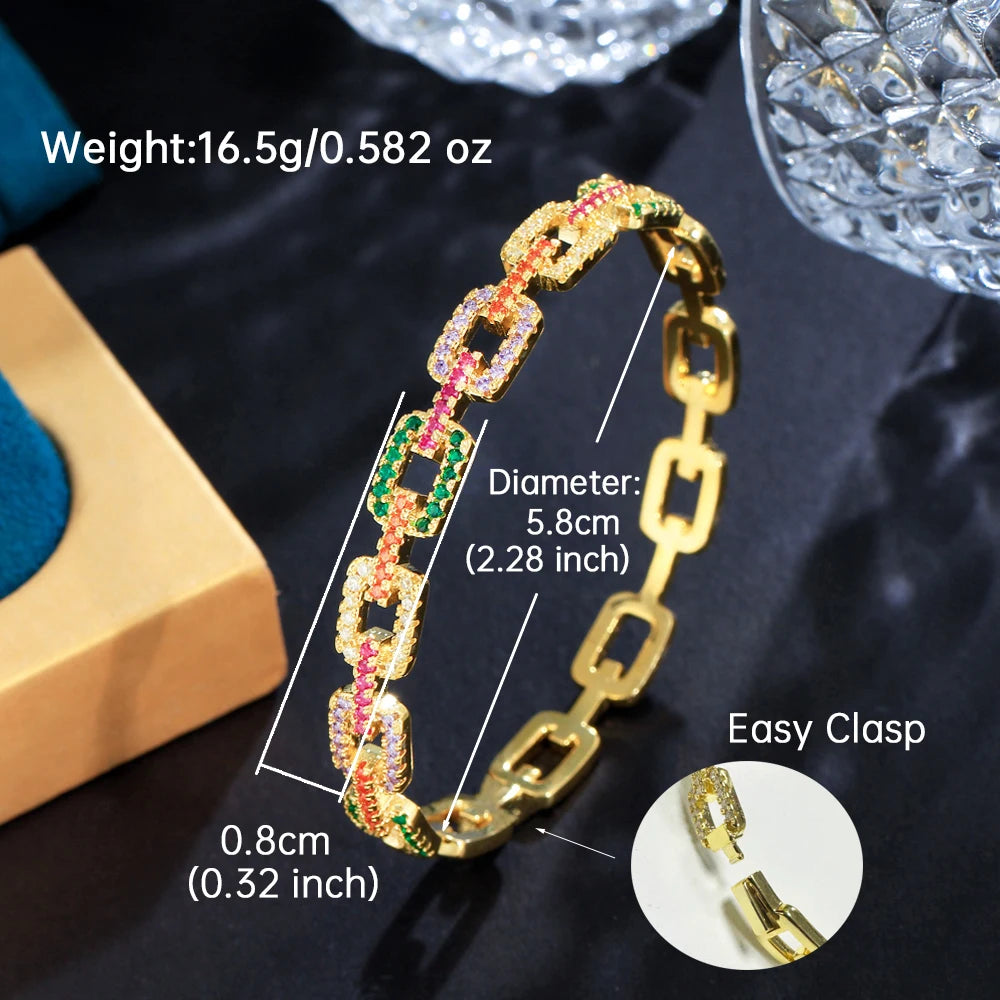 ThreeGraces Fashion Shiny Multicolor Cubic Zirconia Geometric Cuban Link Chain Cuff Bangle for Women Trendy Party Jewelry B077