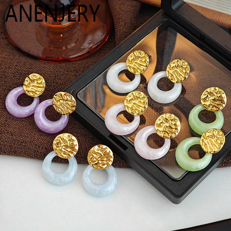 ANENJERY 316L Stainless Steel Candy Colored Hollow Round Earrings For Women Personality Creative Fashion Jewelry Gifts Wholesale