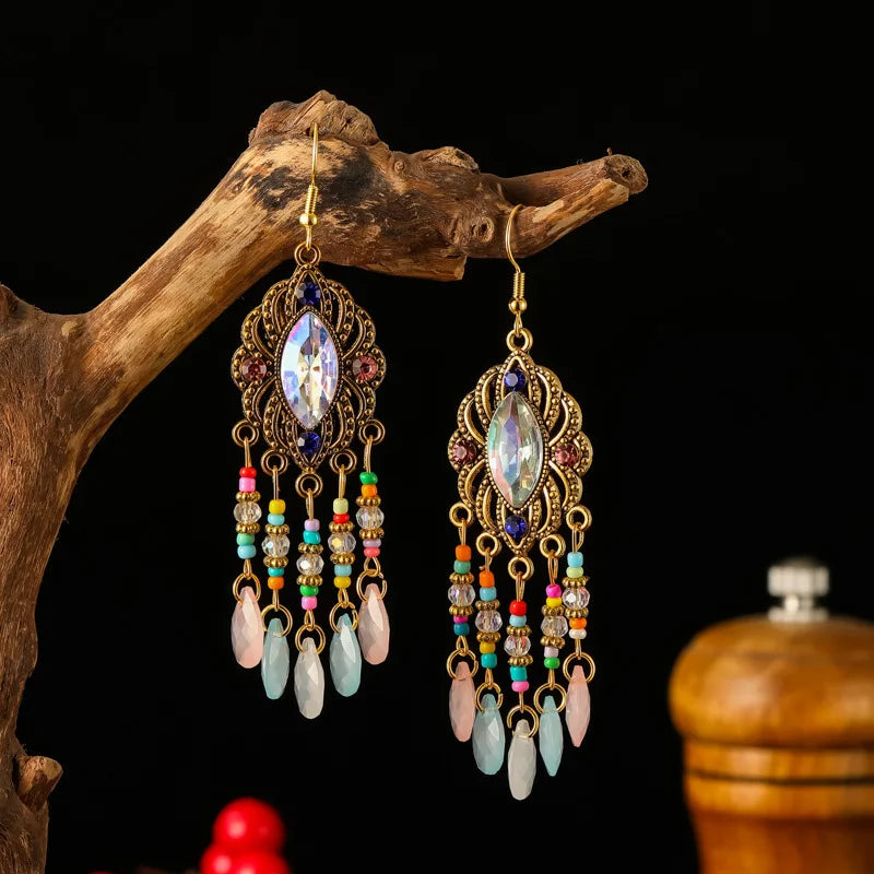 New Bohemian Ethnic Colorful Water Drop Tassel Earrings for Women Long Hollow Antique Gold Color Dangle Earring Pendientes Mujer