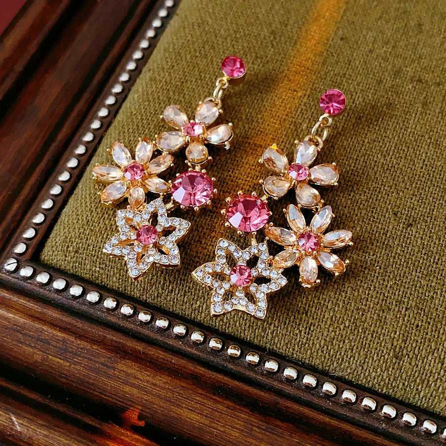 Vintage Inlaid Rhinestone Flowers Snowflake Jewelry Sets for Women Retro Exquisite Versatile Light Luxury Earring Necklace Set