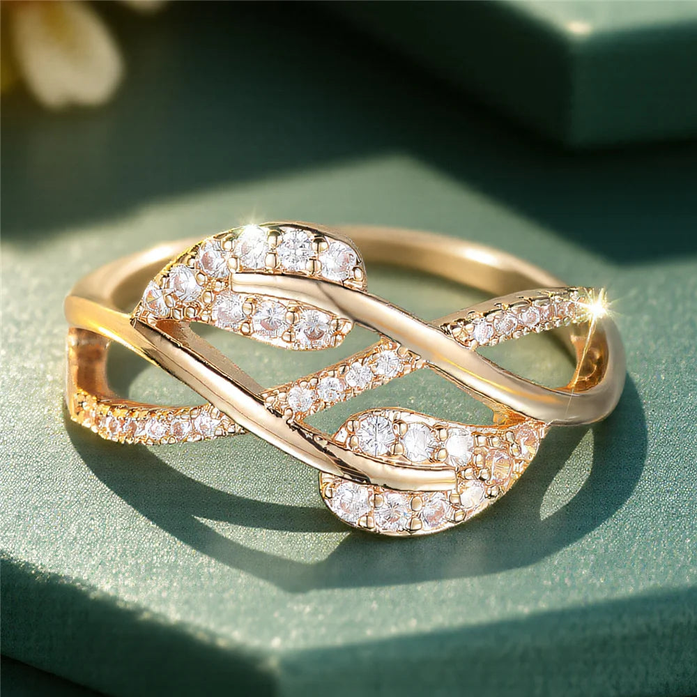 Cute Female White Zircon Stone Tree Leaf Ring Gold Color Engagement Charm Wedding Jewelry For Women