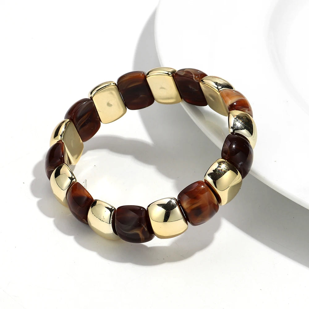 Vintage Acrylic Coloful Geometric Beads Elastic Bangle Bracelets Fashion Resin Golden CCB Bead Stackable Bracelet Women Jewelry