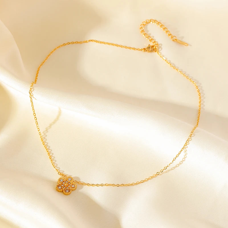 EILIECK New Fashion Stainless Steel Pink Zircon Clover Necklace Bracelet Earrings Set For Women Trendy Flower Jewelry Set Gift