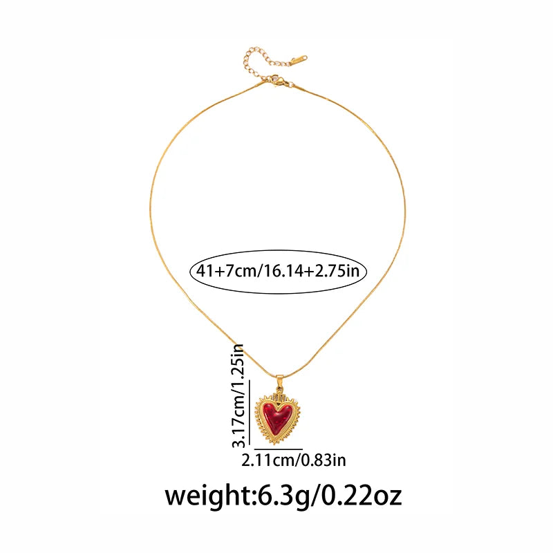 ANENJERY 316L Stainless Steel Red Heart Geometry Pendant Necklace For Women Vintage French Elegant Jewelry Gifts Wholesale