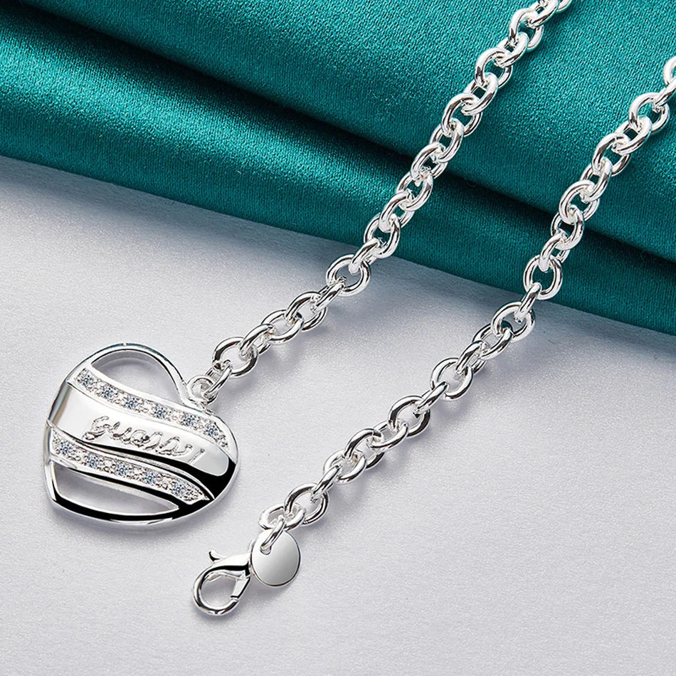 URMYLADY 925 Sterling Silver Love Heart 18 Inch Pendant Necklace For Women Wedding Engagement Fashion Party Jewelry