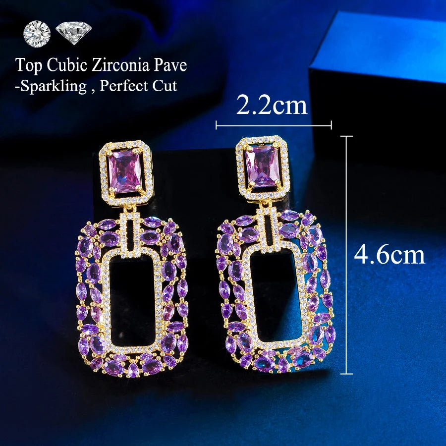 ThreeGraces New Brilliant Purple White Zirconia Long Big Rectangle Dangle Earrings for Women Luxury Bridal Party Jewelry E1963