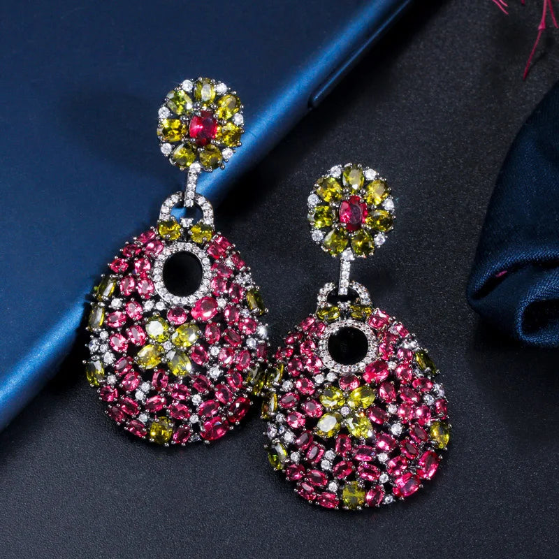 ThreeGraces Vintage Elegant Rose Red Zirconia Long Geometric Drop Earrings for Women Trendy Luxury Wedding Party Jewelry E2106