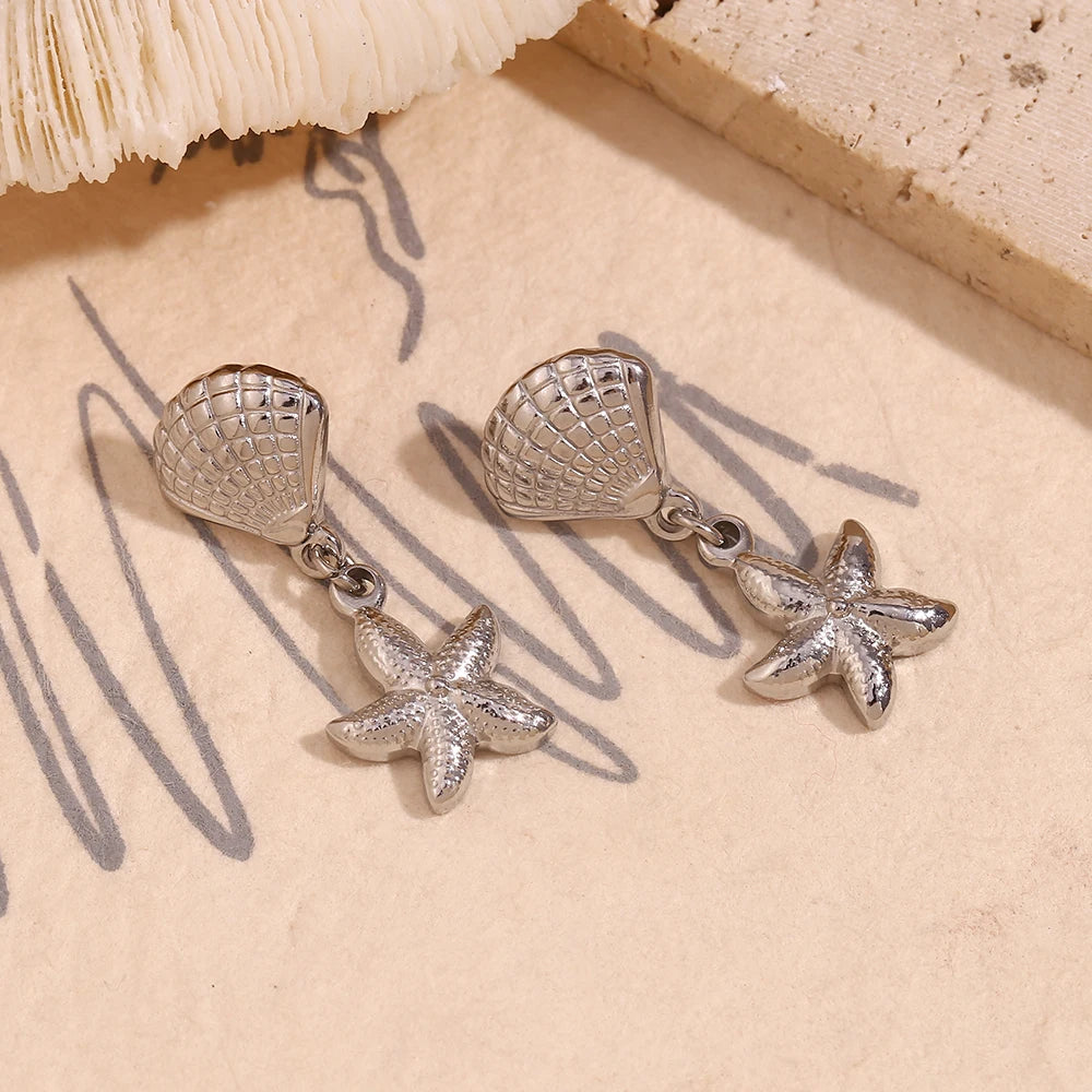 E.B.belle Scallop and Starfish Splicing Earrings 316L Stainless Steel Women's Earrings 18K Gold Plated Decoration
