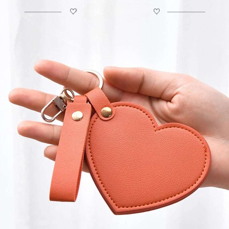Multi-functional Heart Shape PU Leather Makeup Mirror Creativity Keychain Portable Compact with Chain for Purse Travel Gift