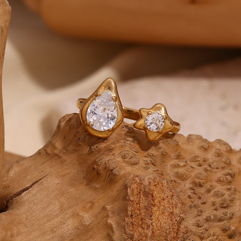 E.B.belle Asymmetric Opening Water Droplets Stars Zircon Ring 18K Gold Plated Women's Rings 316L Stainless Steel Accessories